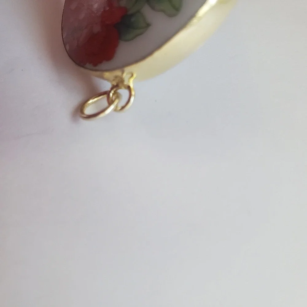 Vintage Transferware Porcelain Floral Pendant Round Peony Pink & Red Peonies